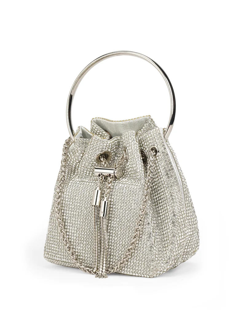 جلو باص Globus Women Silver Embellished Metal Handle Party Handheld Bag With Chain Drawstring Closure